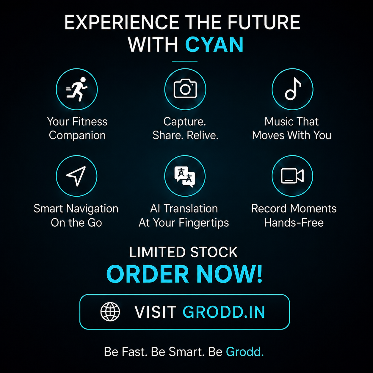 Grodd Cyan V03 AI Smart Glasses with 8MP Camera, ChatGPT & Voice Translation